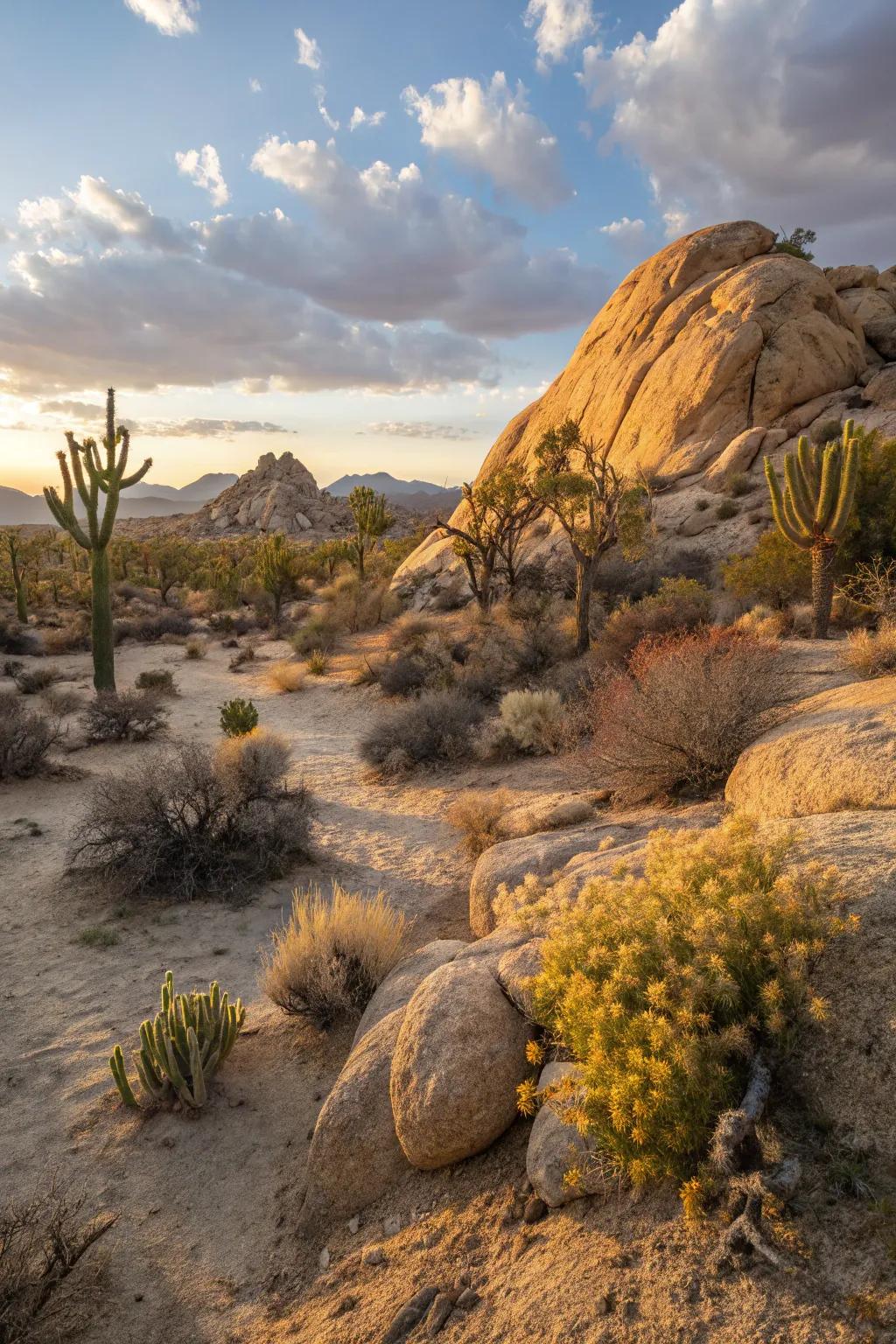 The enchanting interplay of light and shadow within a sun-kissed desert garden.