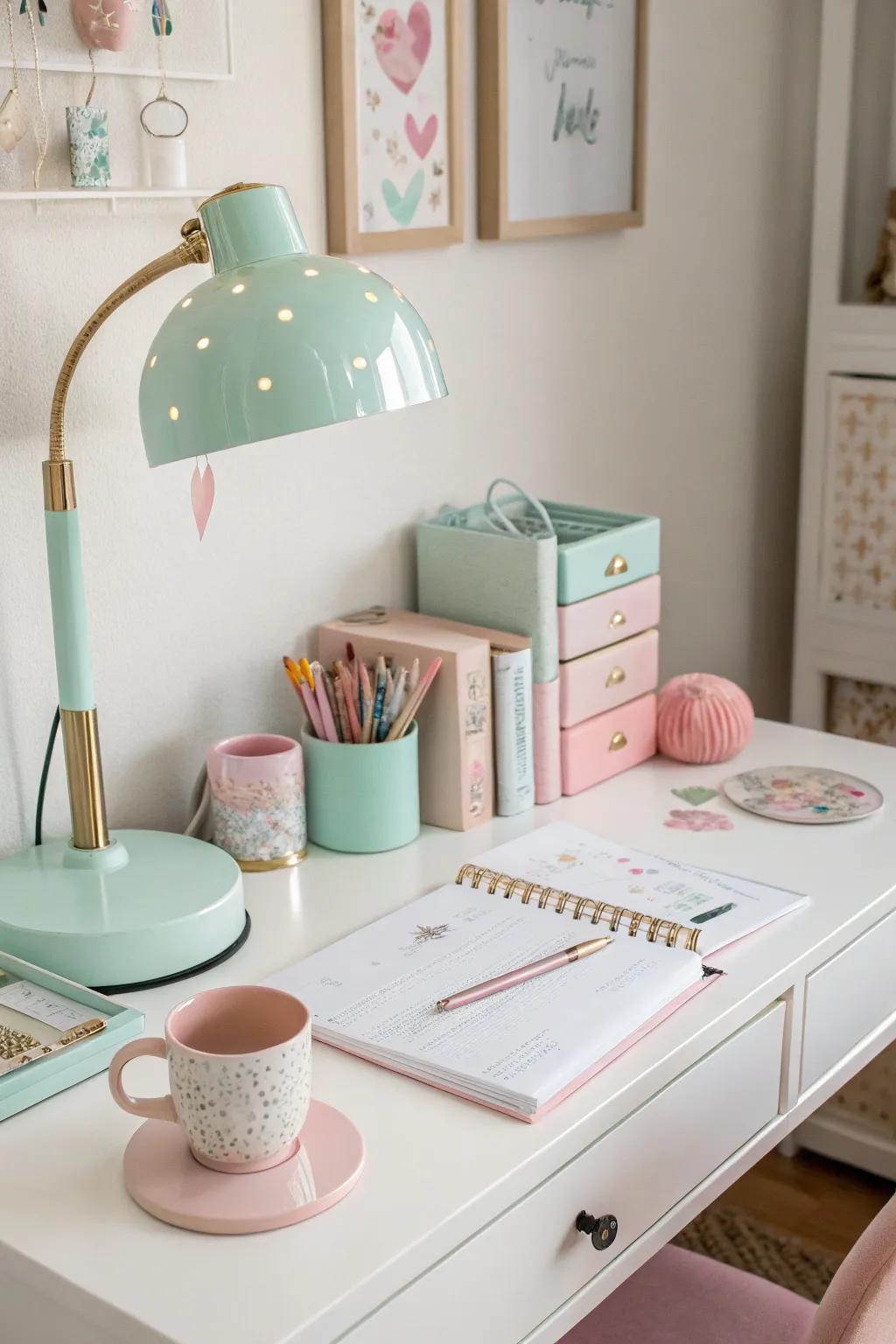 A pastel color scheme creates a calming and cohesive workspace.
