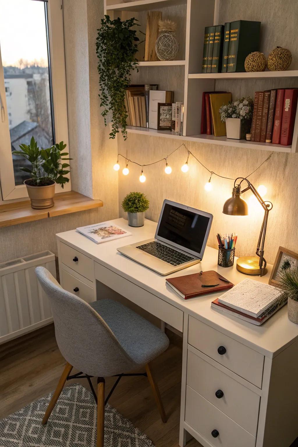 A corner desk layout maximizing space and infusing coziness.