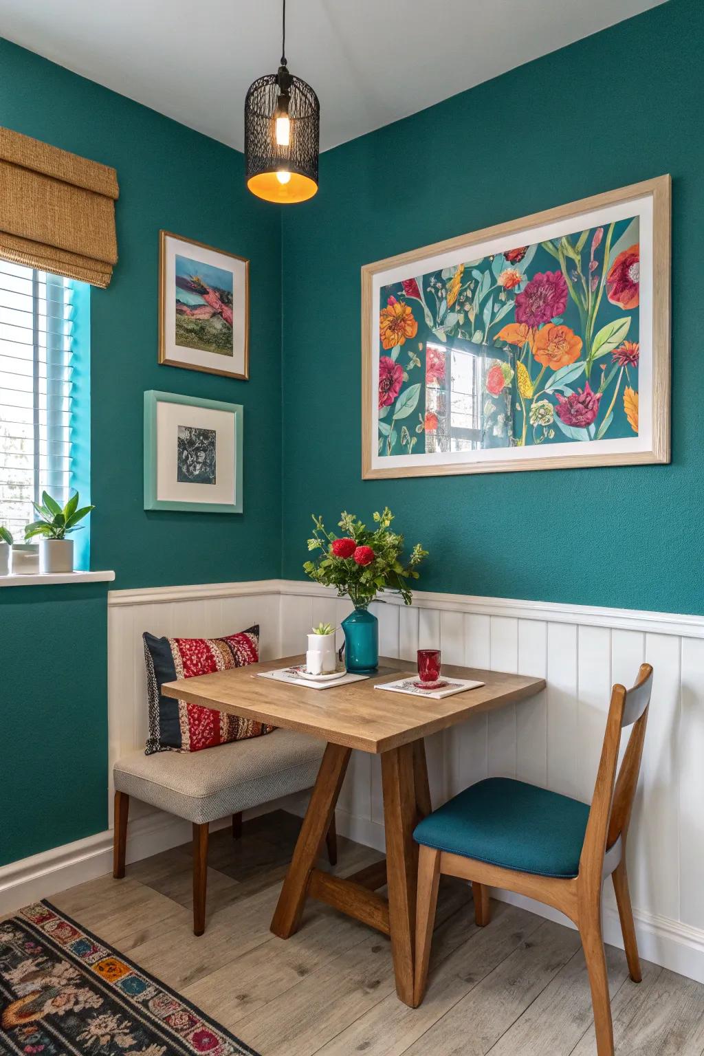 Bold colors bring vibrancy and life to dining room corners.