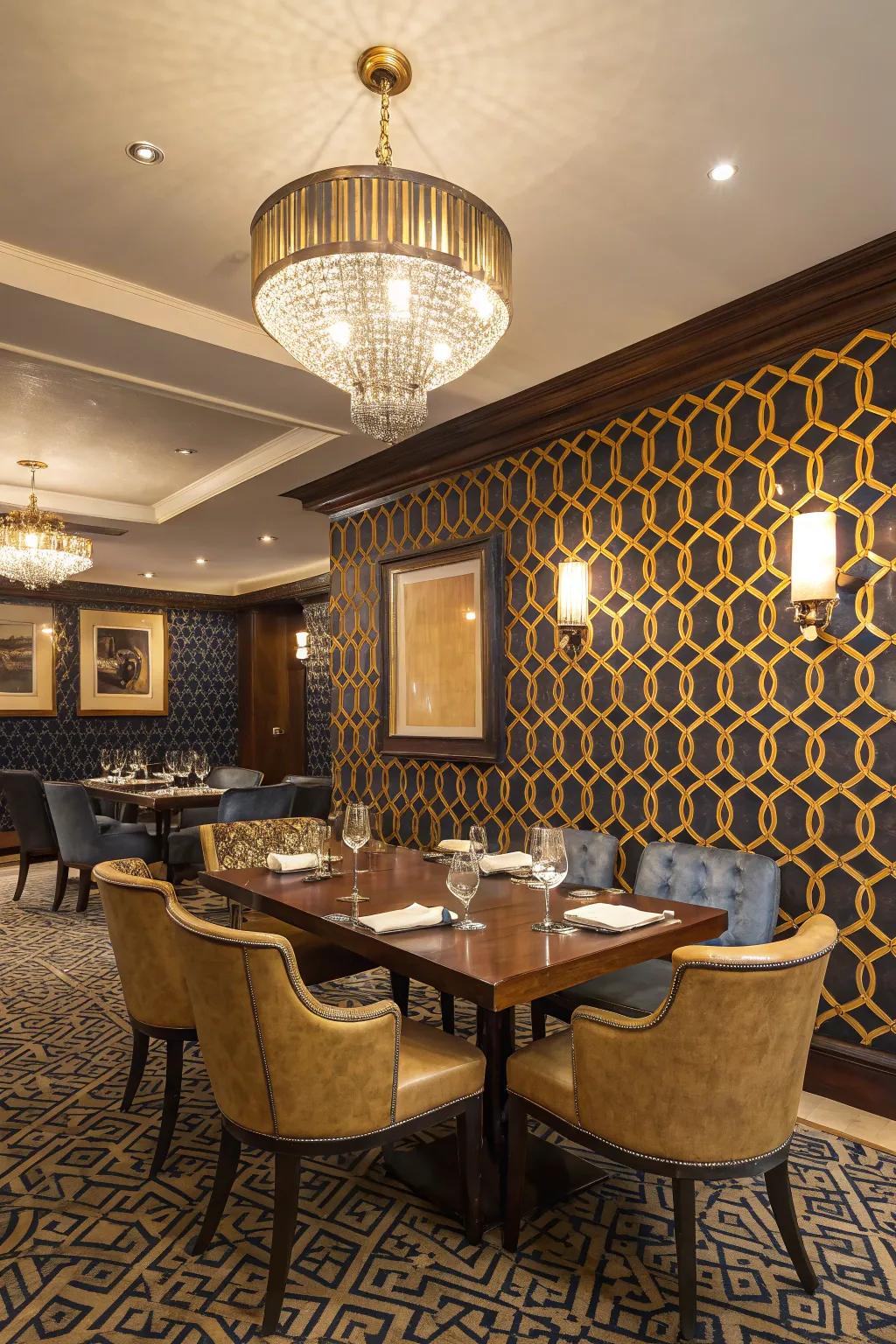 Striking wallpaper brings depth and character to the dining space.