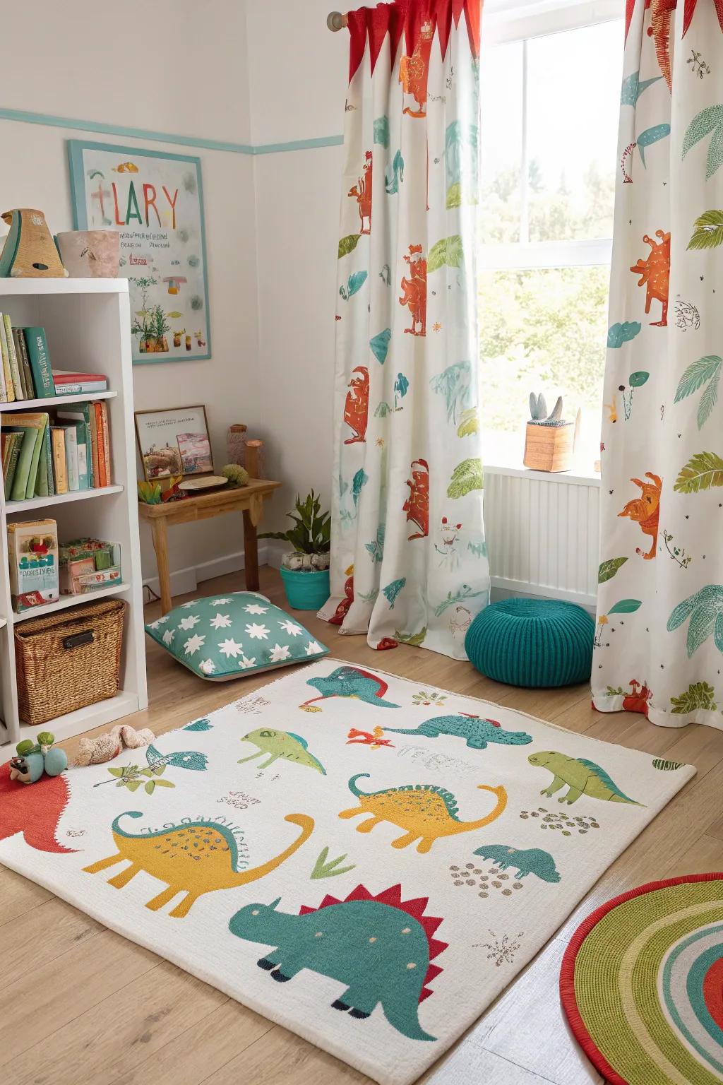 Playful dinosaur rugs and curtains completing the room's vibrant look.