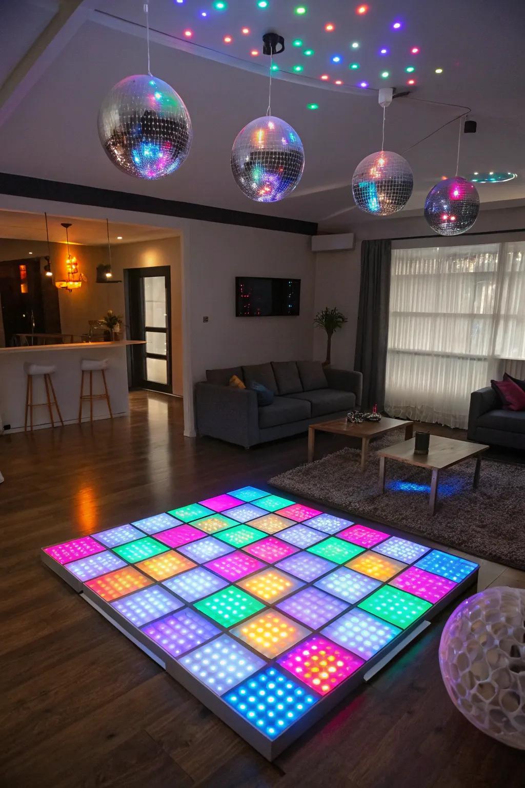 A DIY light-up dance floor encourages guests to dance the night away.