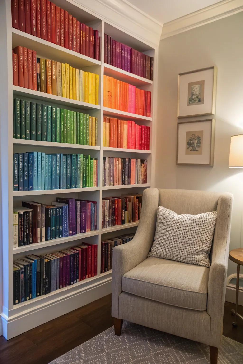 A vibrant, well-organized bookshelf that enhances the ambiance.