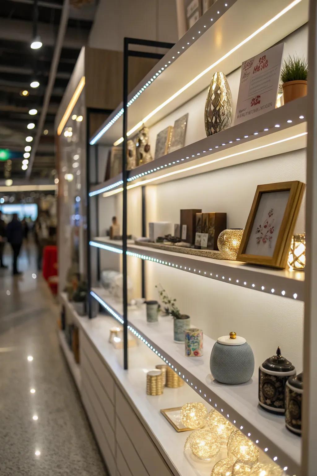 Integrated lighting highlights shelf displays.