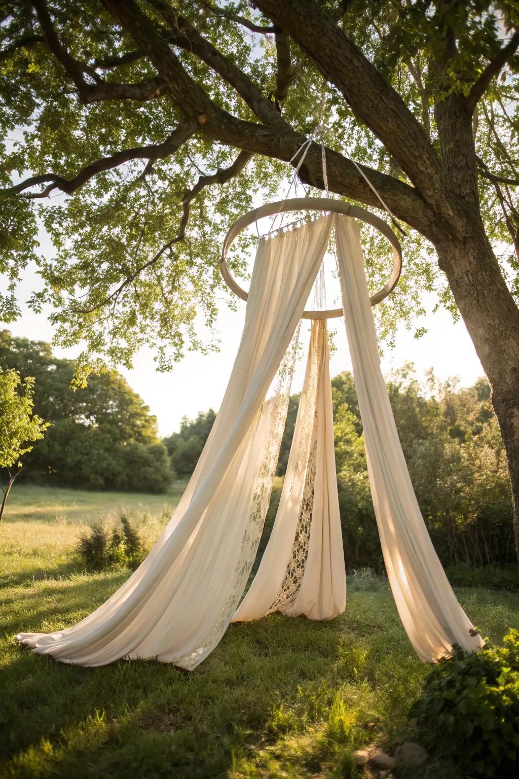 Daydream beneath the canopy: A chic self-made circular frame tent ideal for your outdoor sanctuary.