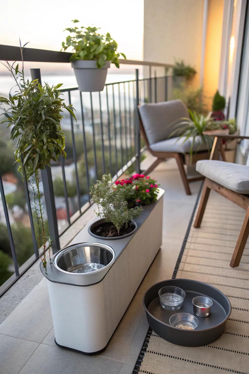 Elegant hydration points keep dogs hydrated and the balcony neat.