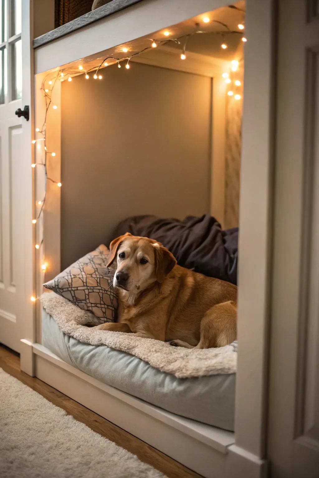 A comfortable corner transformed into a welcoming canine nook with plush bedding.
