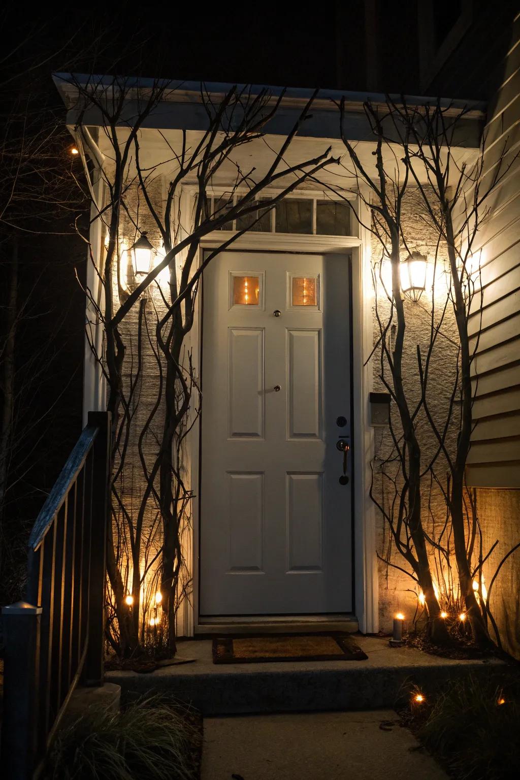 A haunted grove-themed door decoration for All Hallow's Eve.
