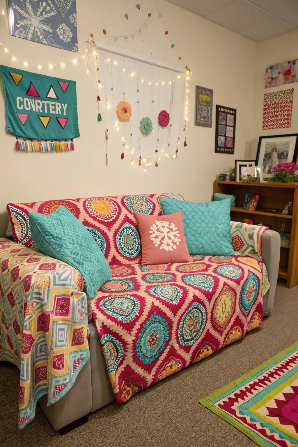 Special sofa covers adding a personal touch to this dorm room.