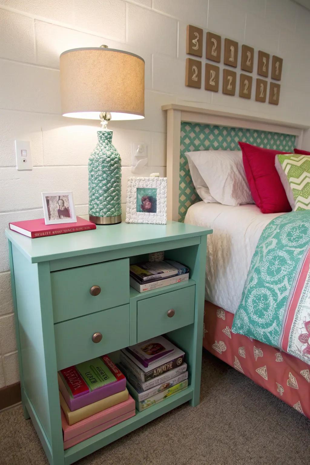 A matching color scheme brings the whole dorm room together beautifully.