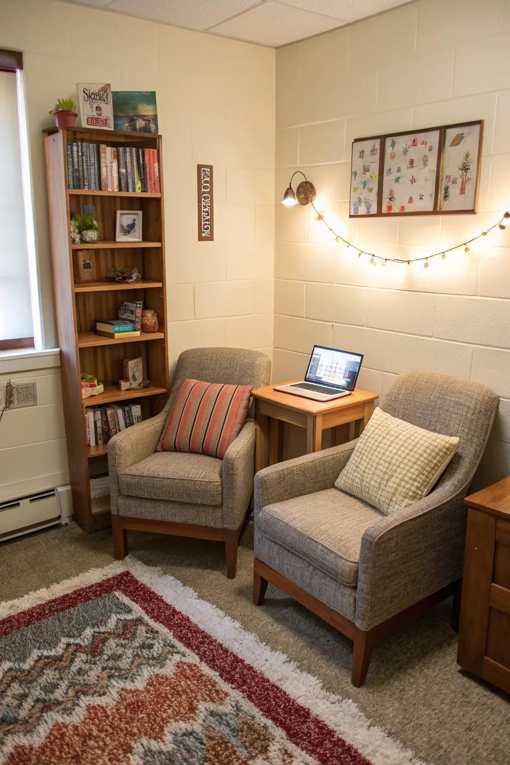 A cozy seating area offers a stylish escape within your dorm.