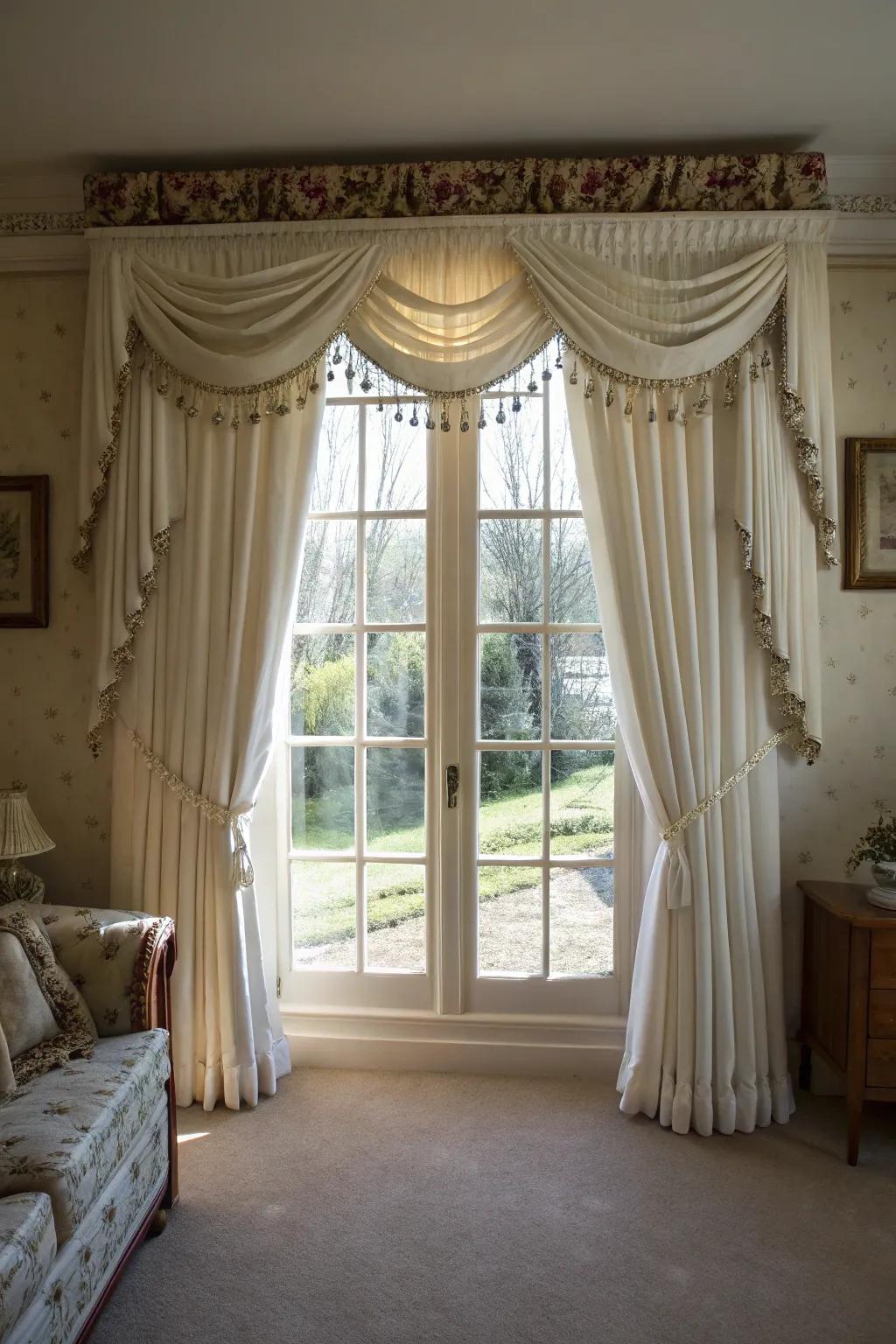 A valance adds a touch of elegance to these layered curtains.