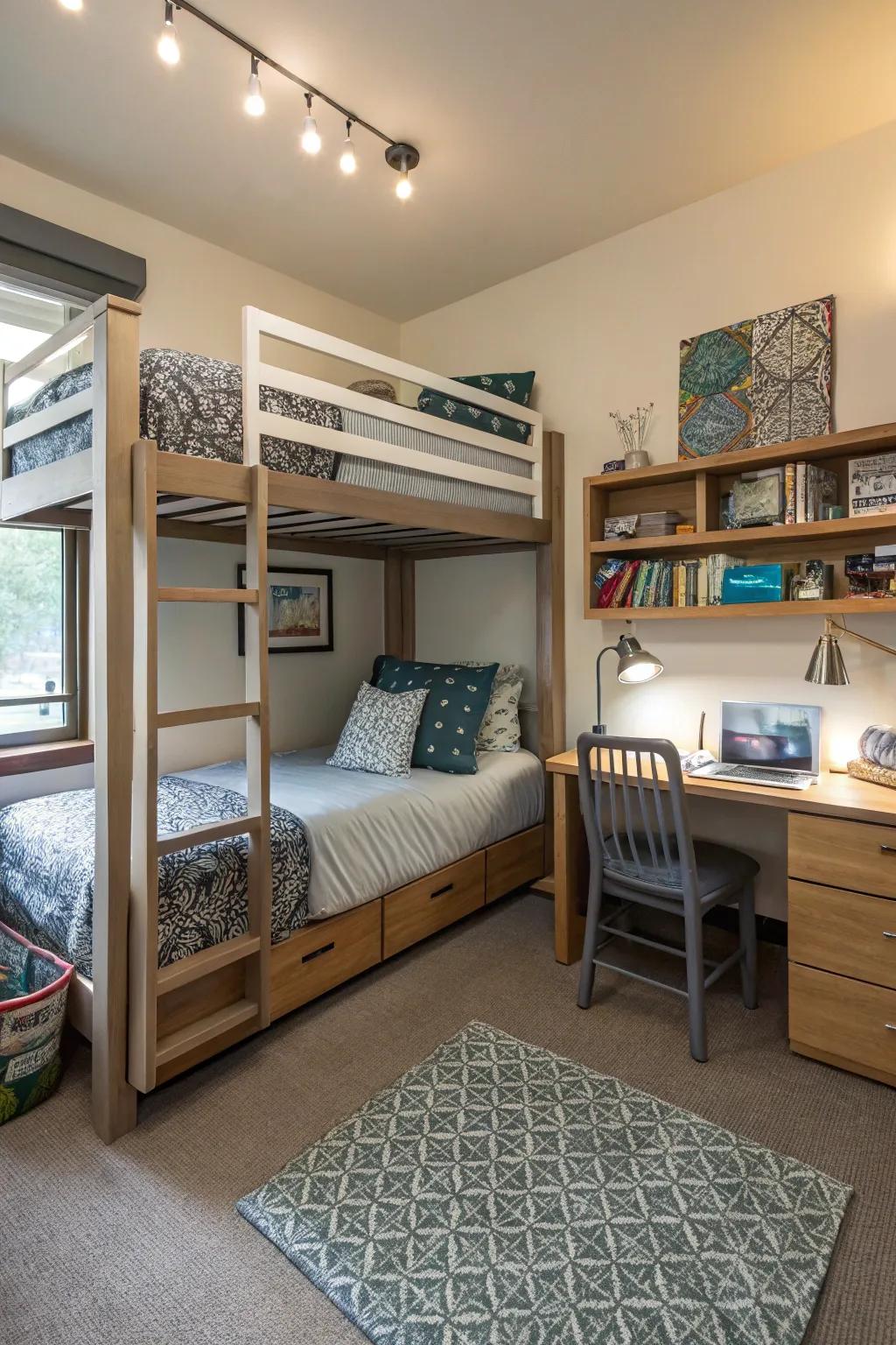 Stacked beds free up the room for more activities.