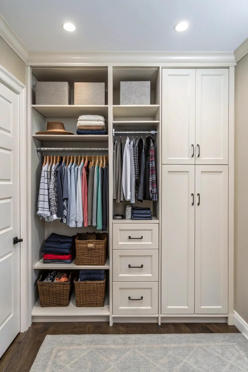 A balanced mix of open and closed storage in your closet.