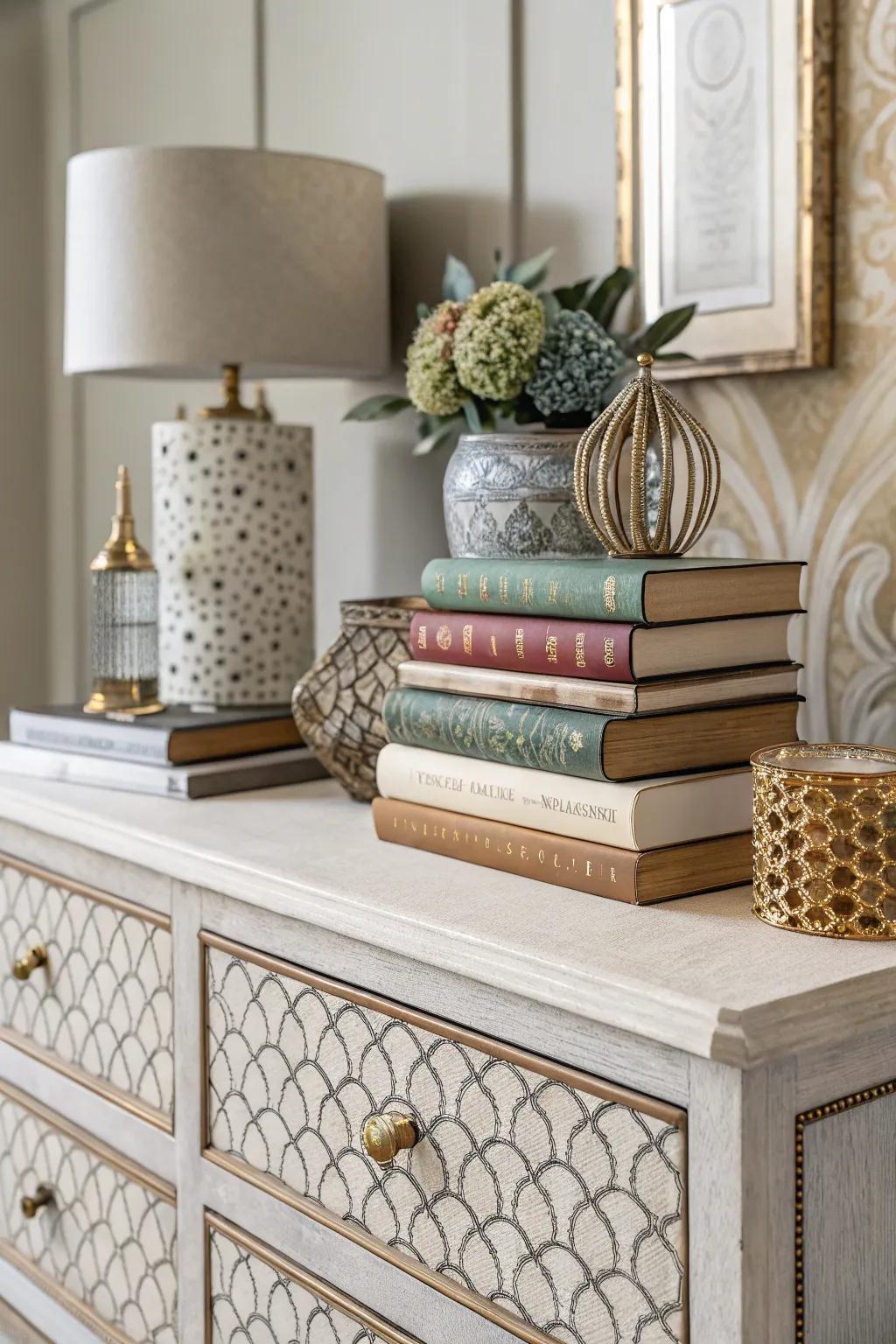 Books introduce height and visual appeal to the dresser decor.