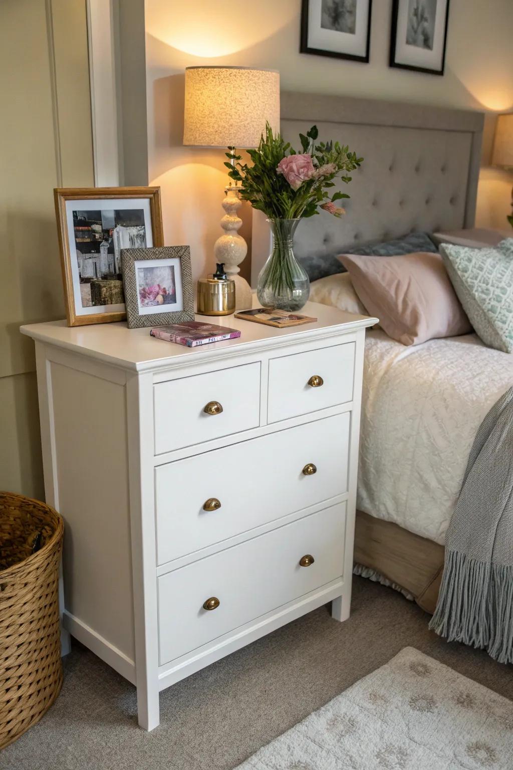 A multi-functional dresser serving as both storage and a vanity in a small bedroom.