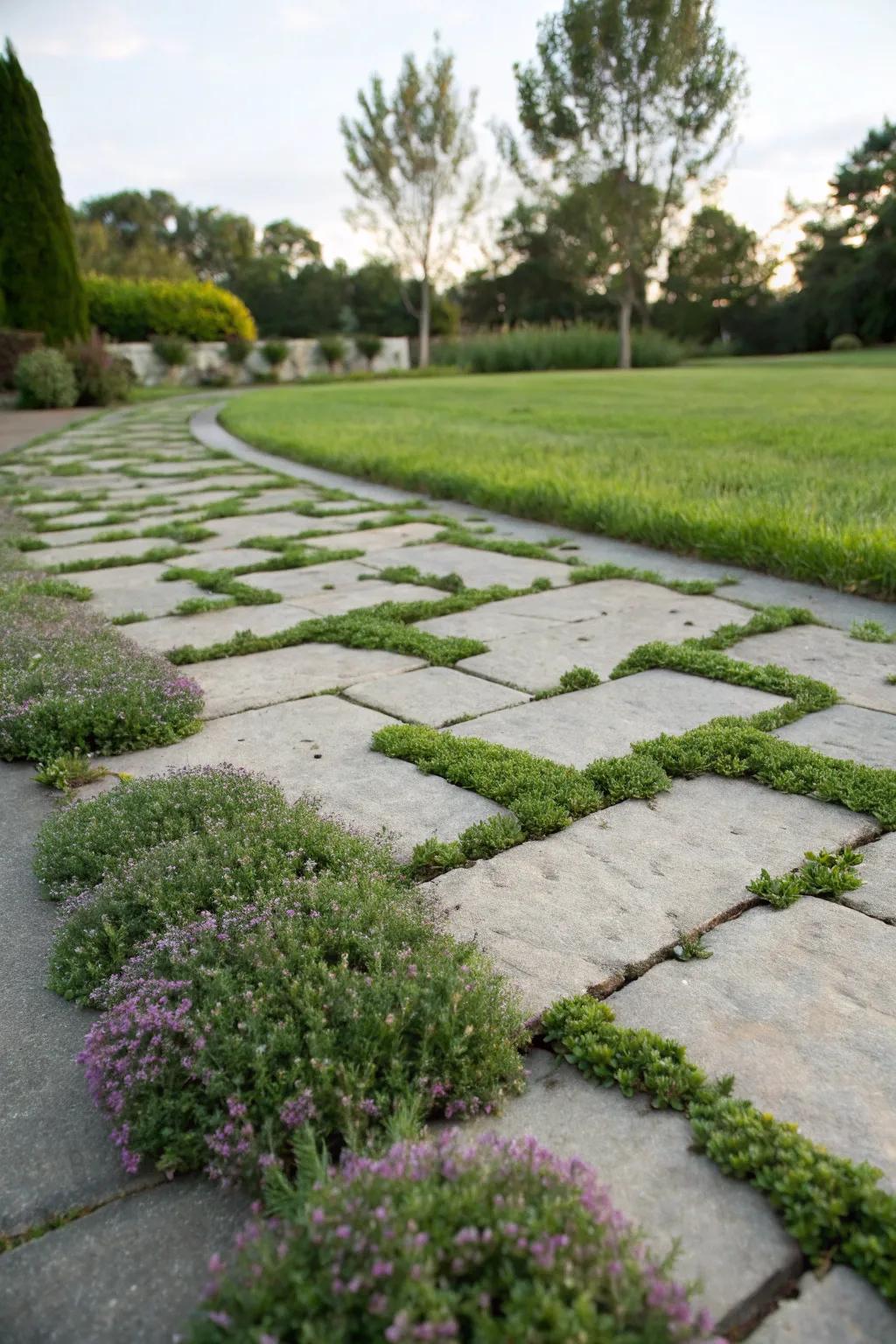 Flourishing driveways meld hardscape with nature for a refreshing scene.