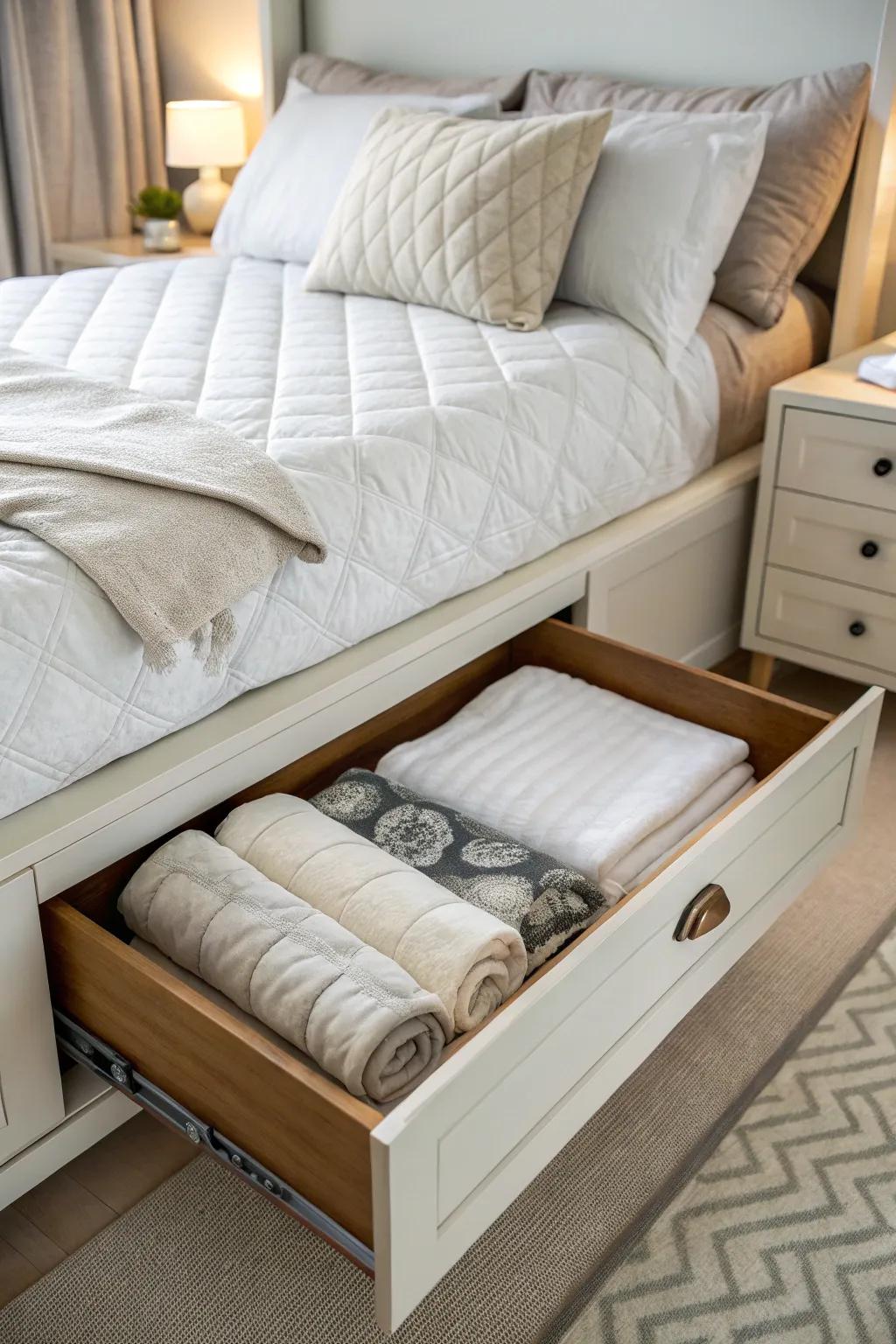 A bed drawer effortlessly provides easy comforter access.