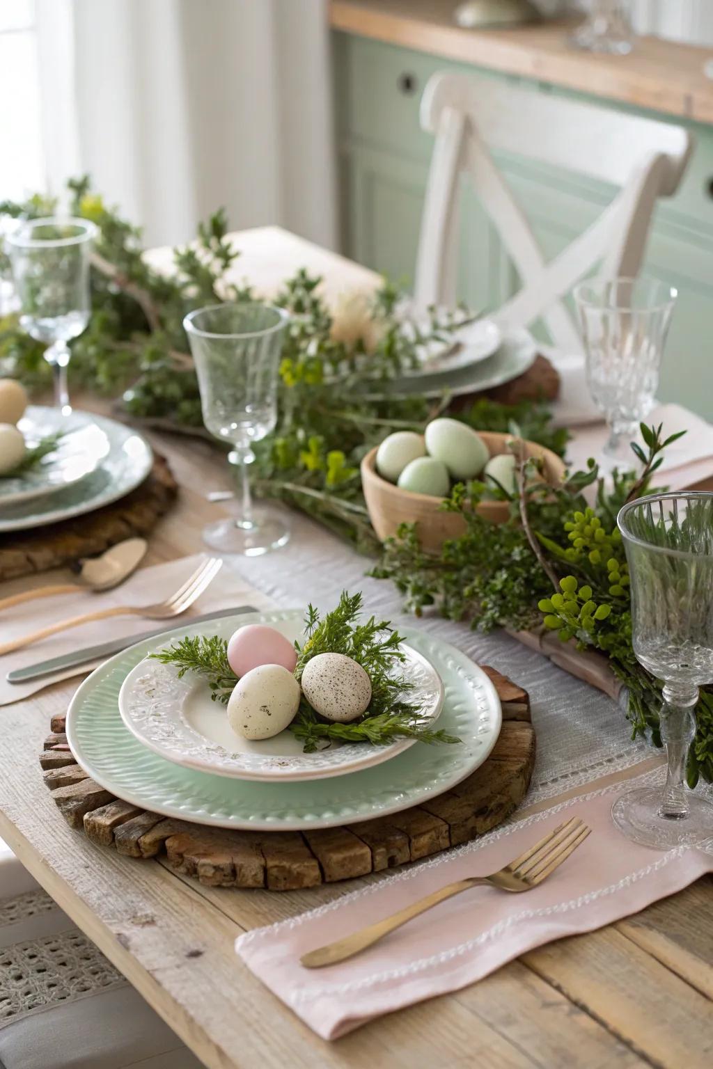 Unprocessed foliage integrates an organic nuance into the Easter table decor.