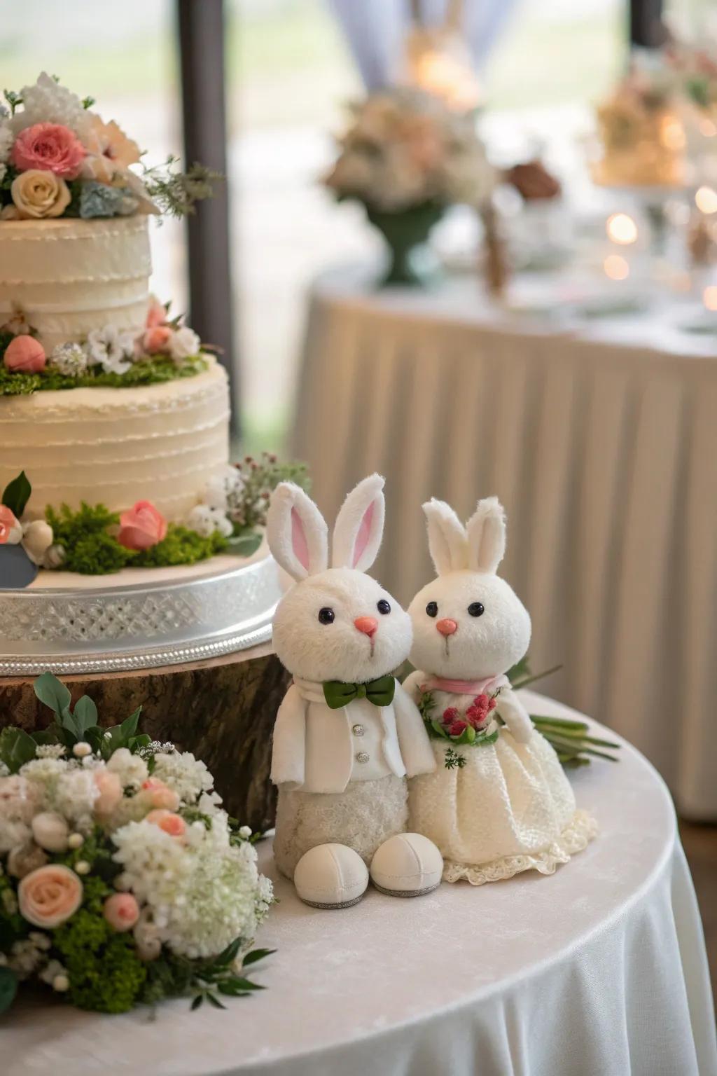 Whimsical wedding decorations featuring rabbit figures and playful cake decorations.