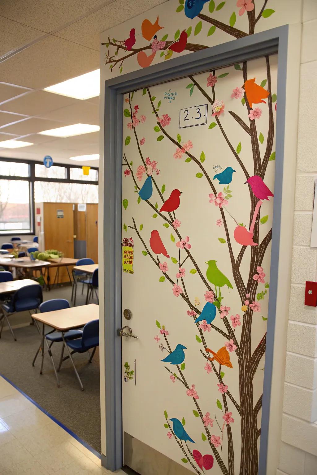 Warbling birds inject a hint of nature into this classroom entrance, celebrating spring sounds.