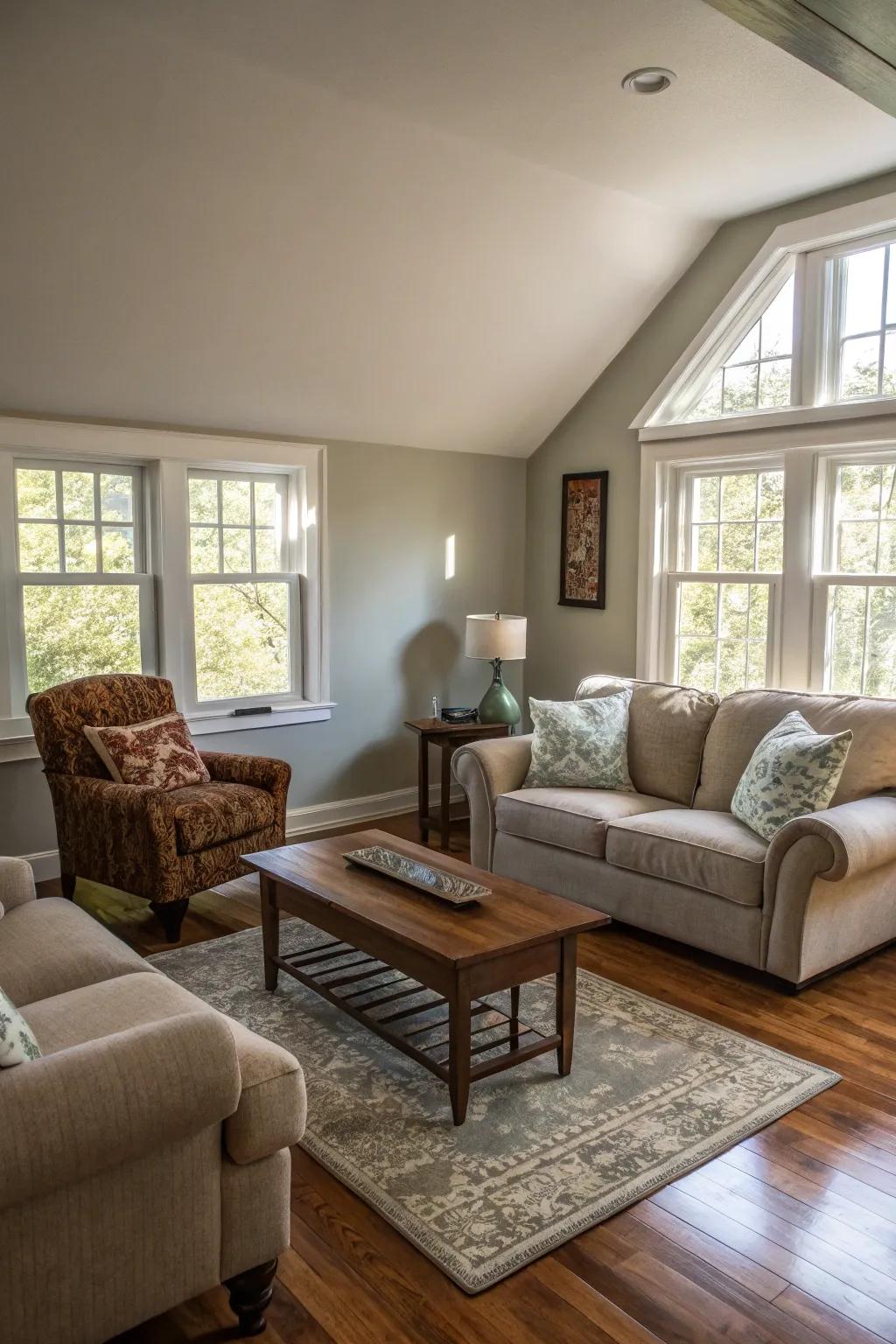 A unique diagonal furniture layout creating an open space.