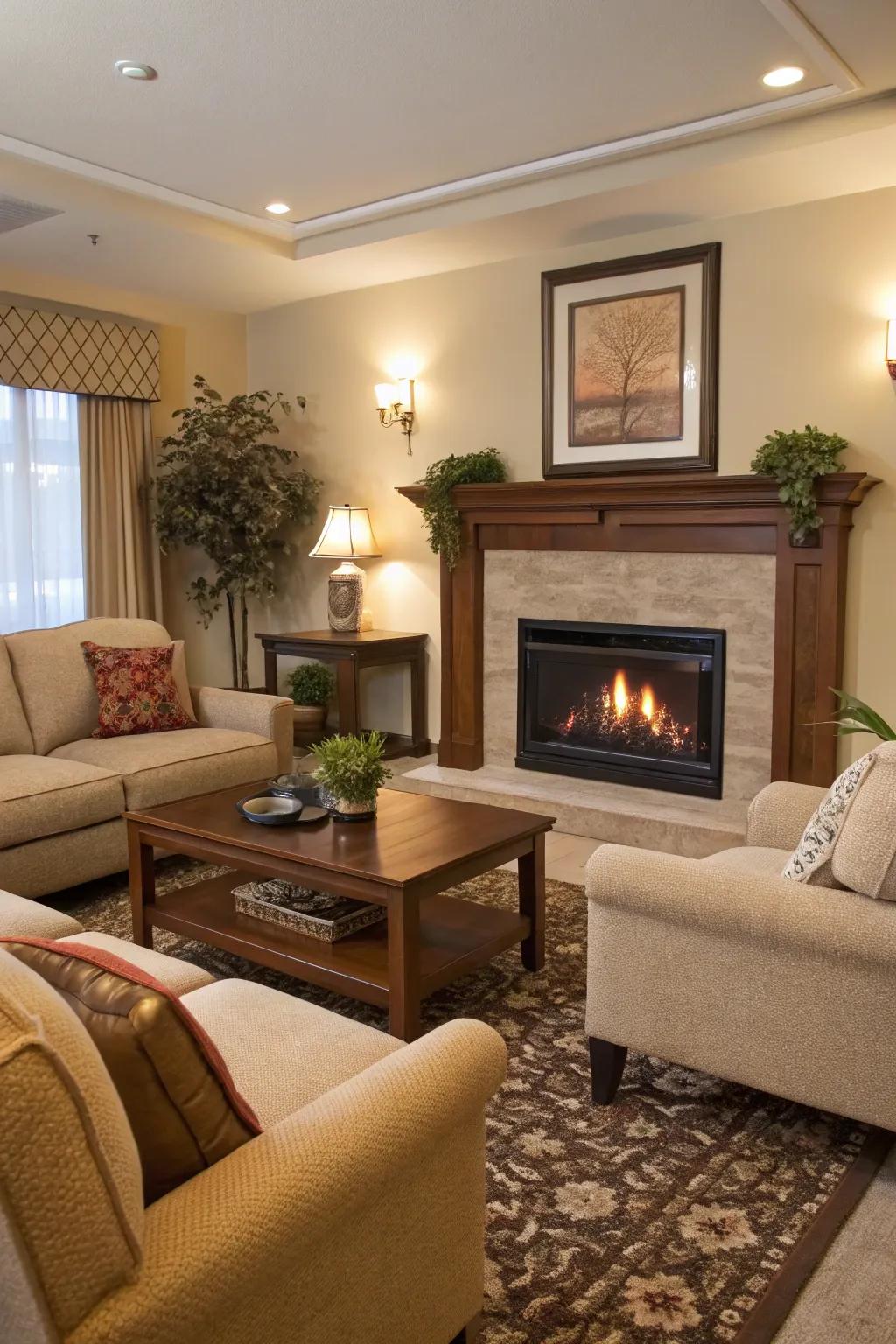 A living area that features an electric fireplace alongside harmoniously structured furniture.