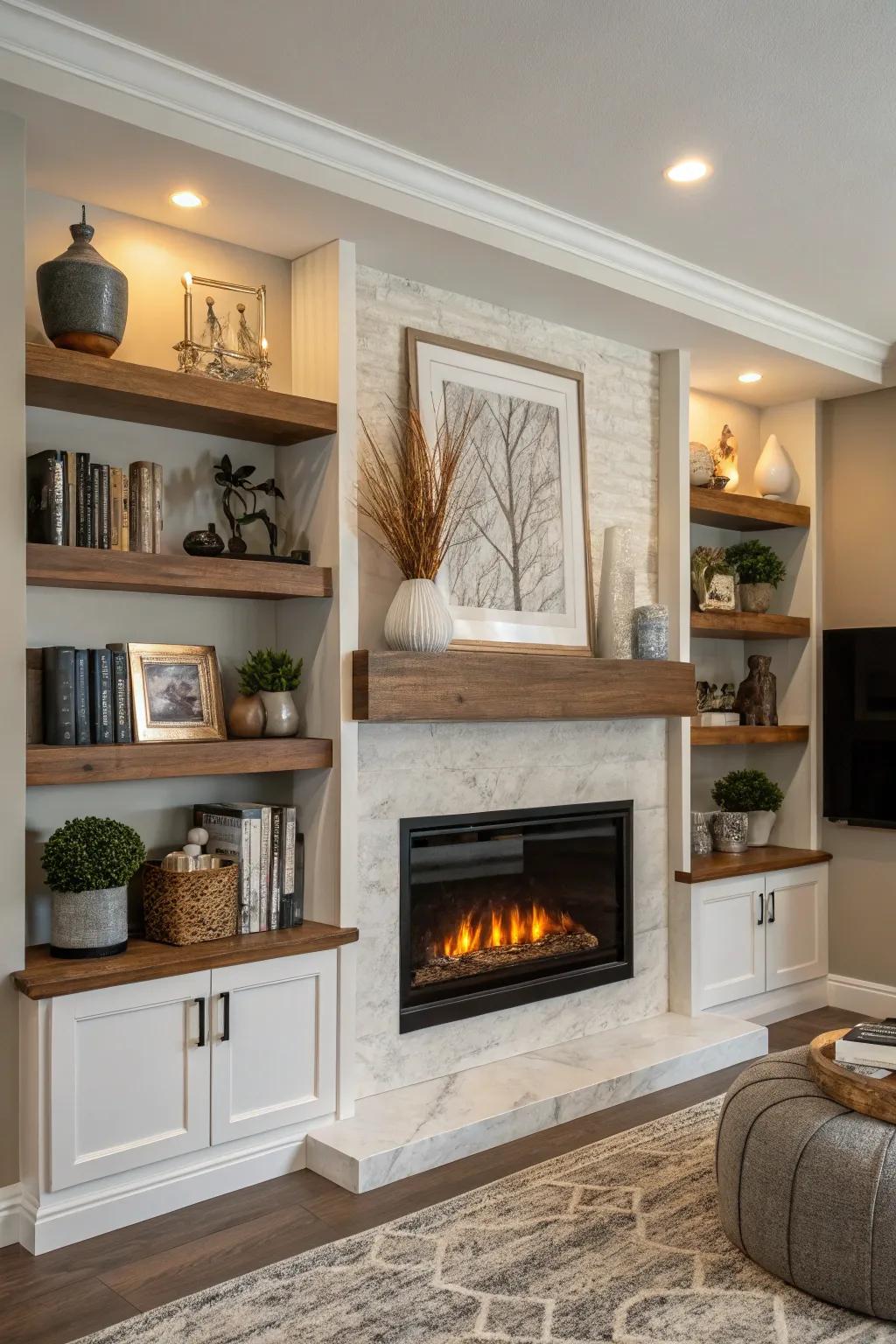Drifting shelves contribute design and utility near a modern heater.