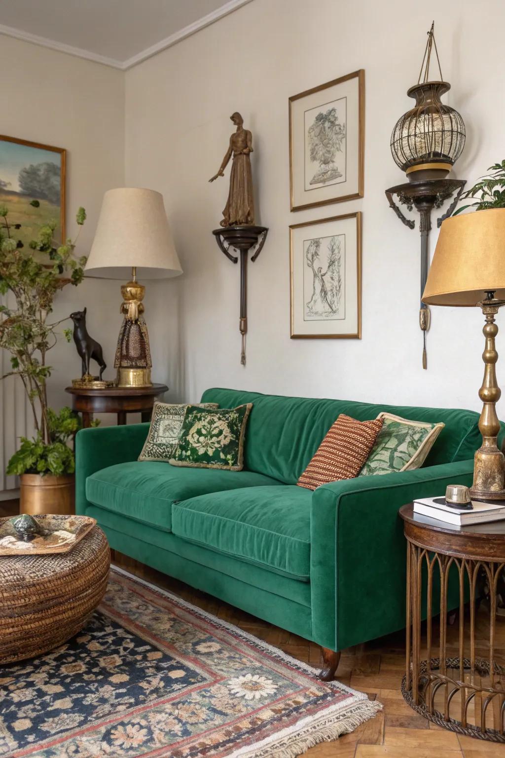 Eclectic accessories give character to a setting with an emerald green sofa.