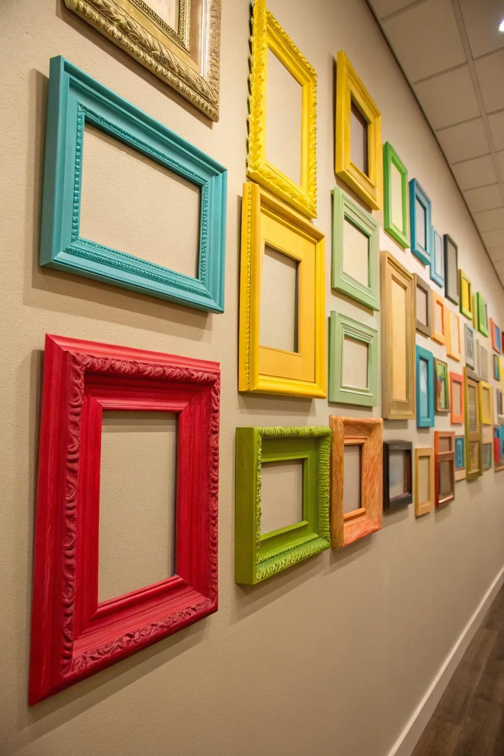 Colorful frames adding a pop to the space.