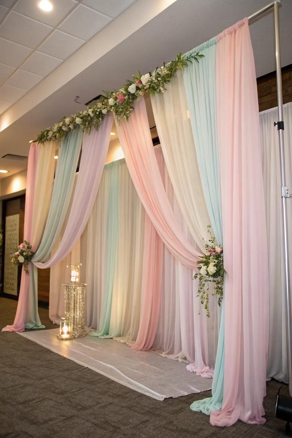 Fluid drapes establish a delicate, polished visual.