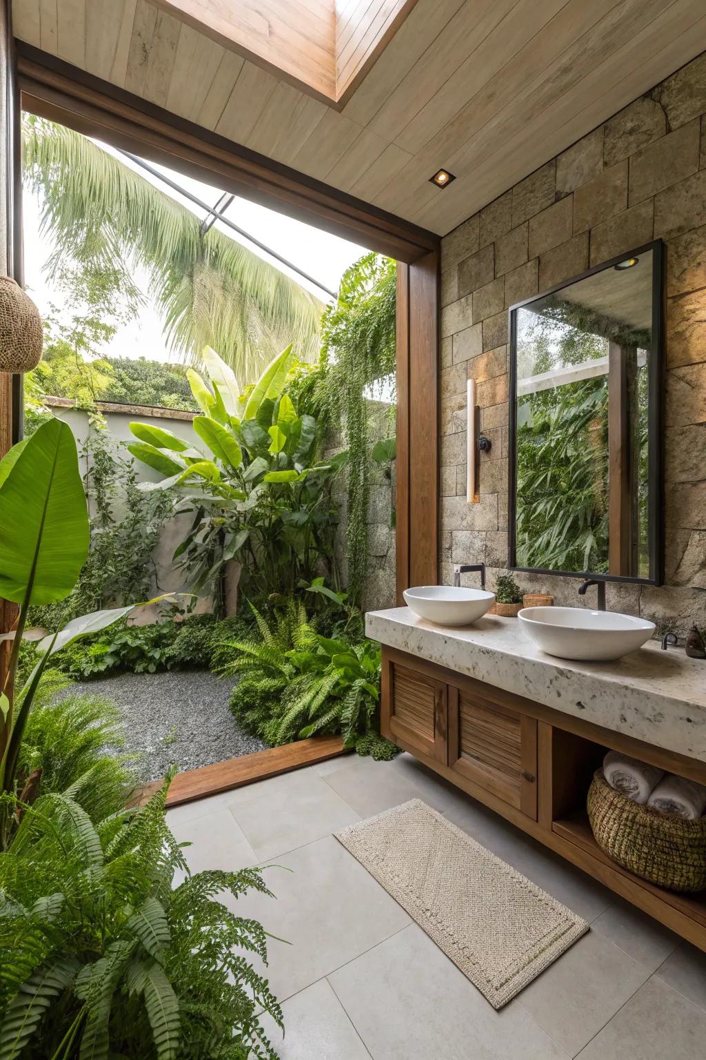 Greenery enlivens this ensuite, infusing it with nature and dynamic energy.