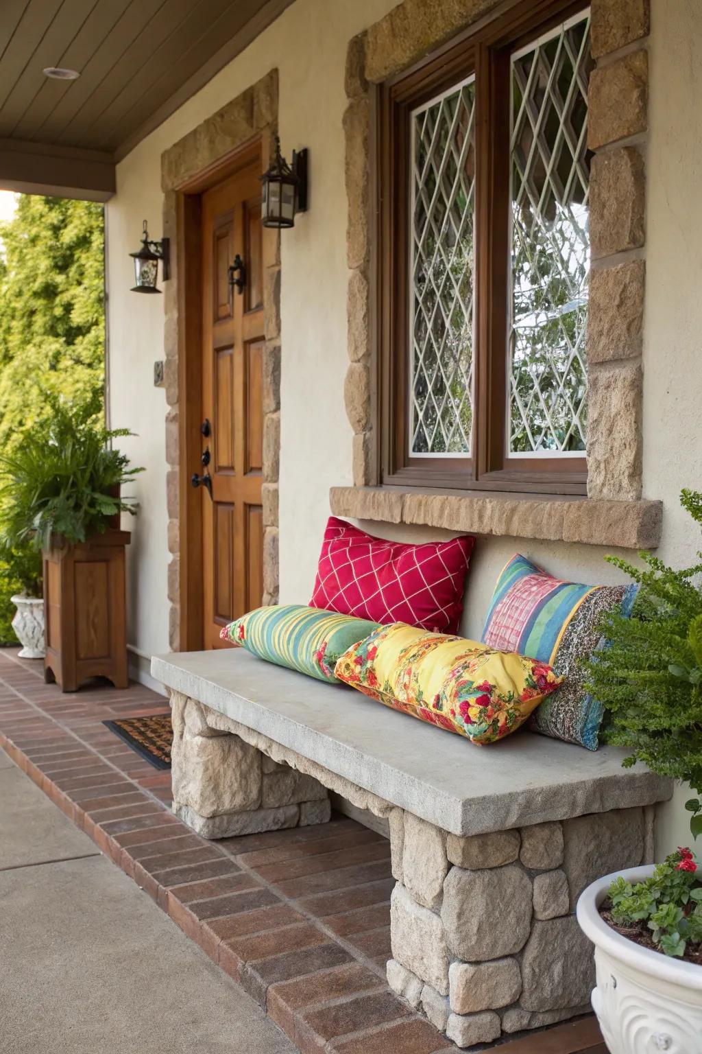 A snug stone bench with padding provides an ideal location for relaxation.