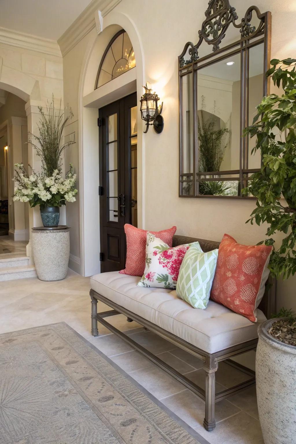 A bench provides both seating and storage capabilities within your entryway.