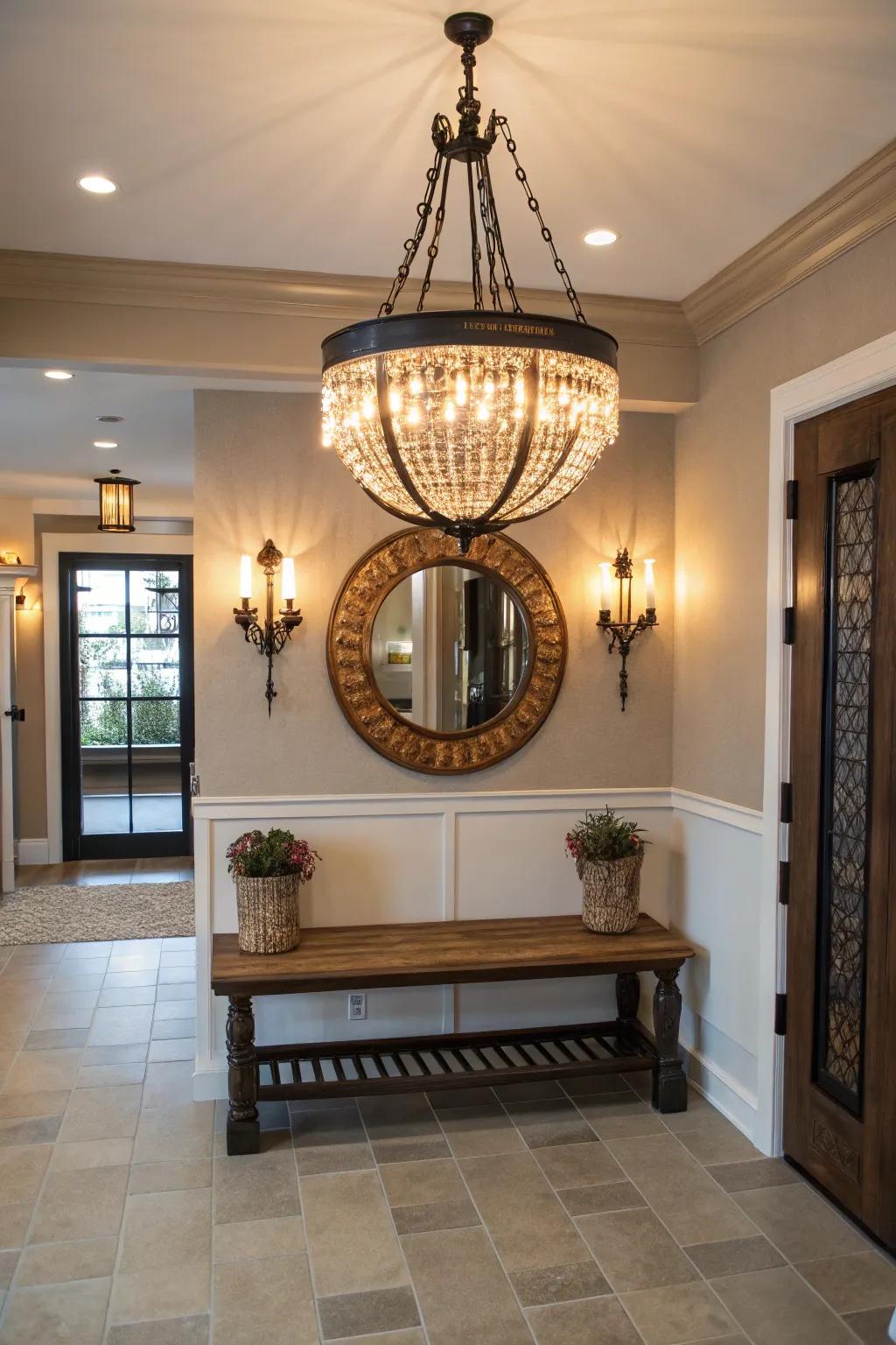 A striking lighting fixture introduces a sophisticated element to this entryway seat.
