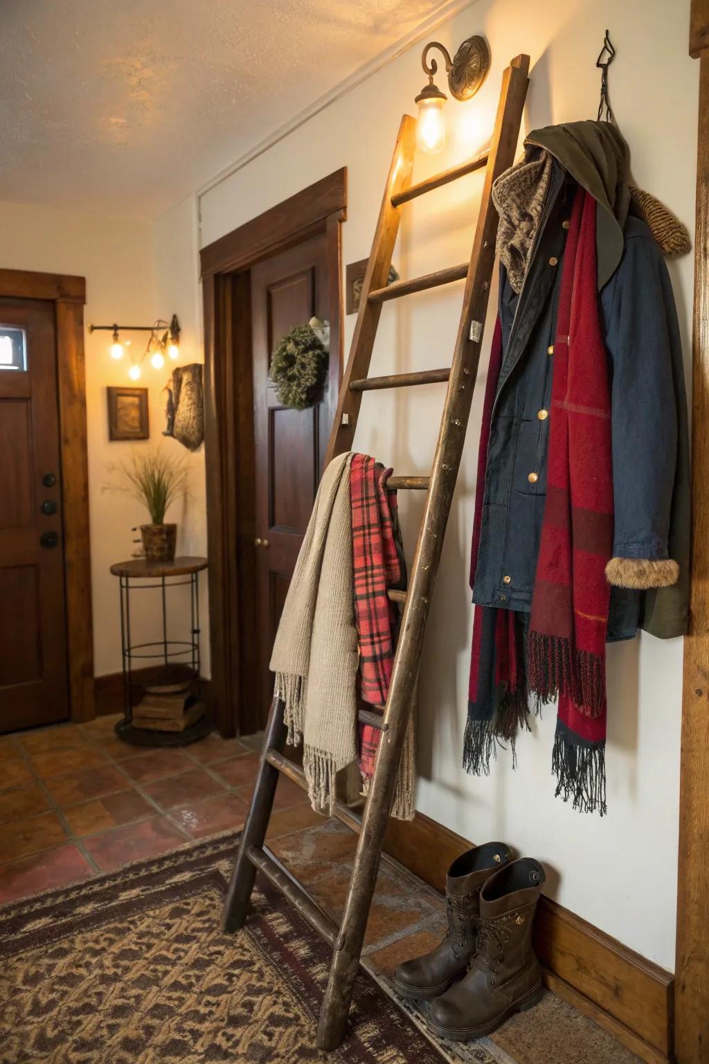 Repurpose a classic ladder for a creative coat hanger remedy.