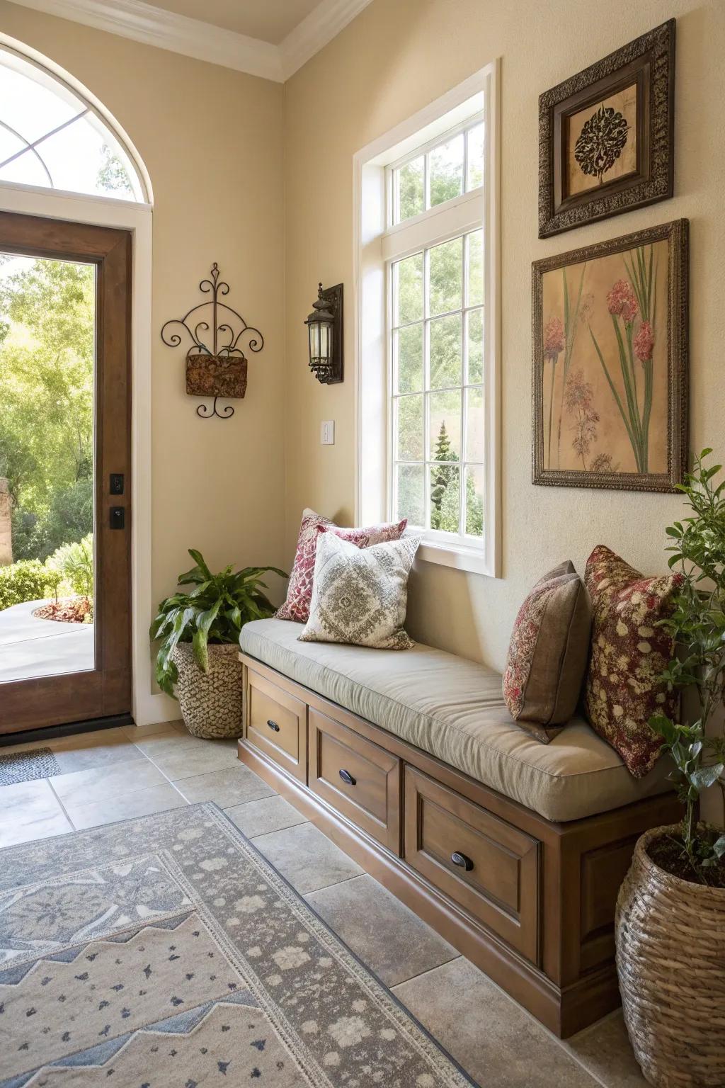 Seating invites a pause, adding comfort and utility to the entryway.