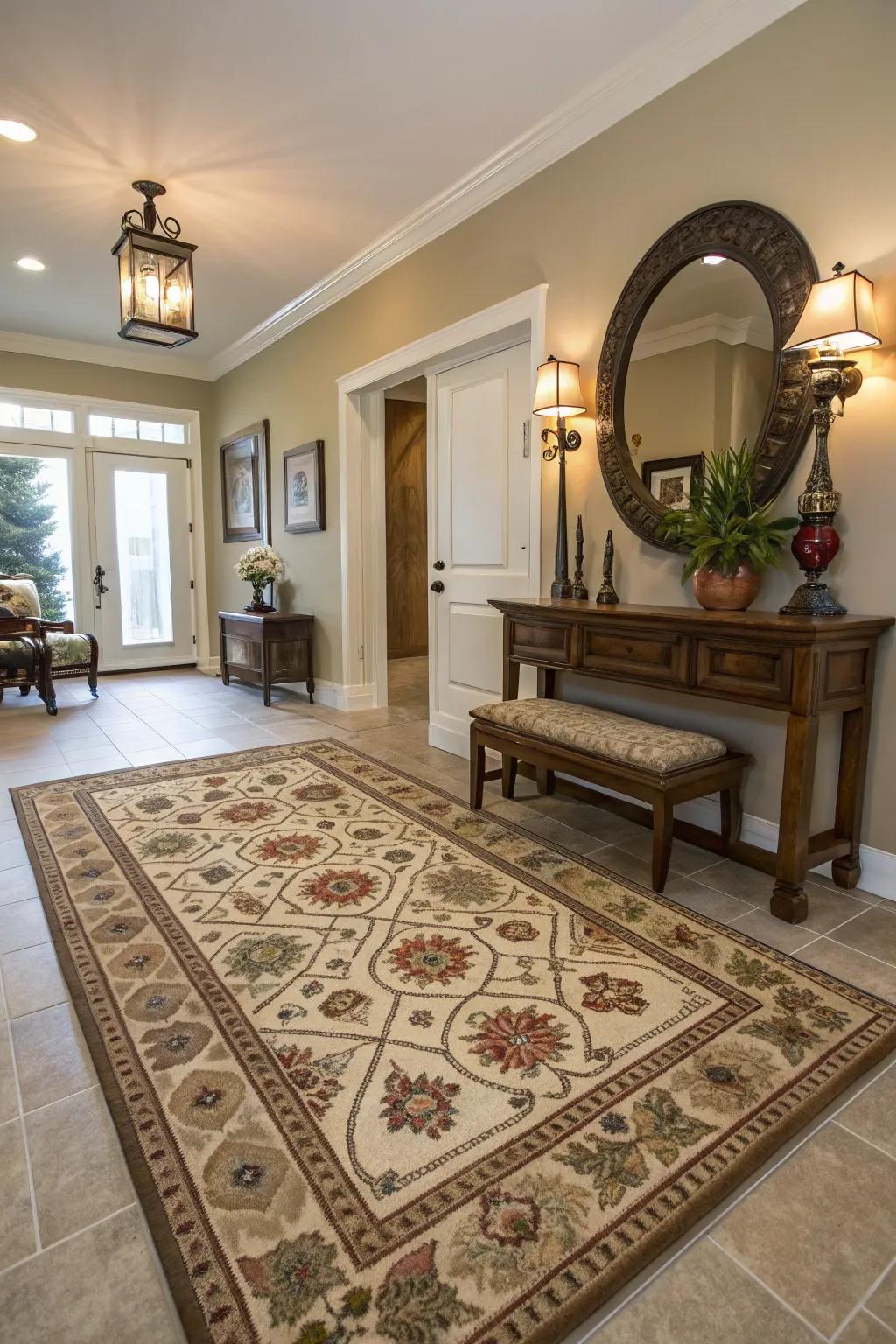 Textiles bring warmth and define the entryway space.