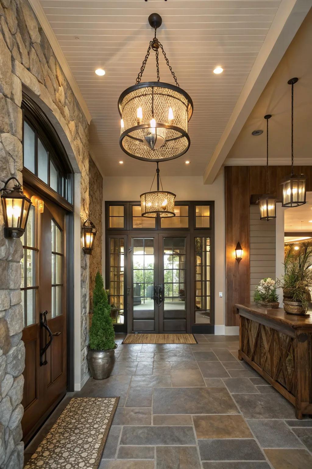 Fixtures with combined materials add interest and character to this entryway.