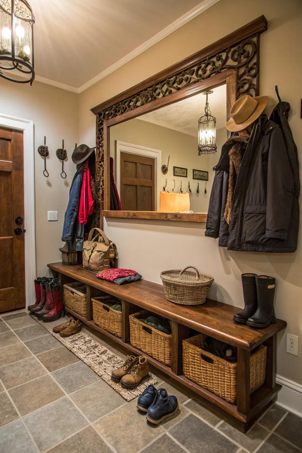 A statement mirror adds elegance and utility to this mudroom.