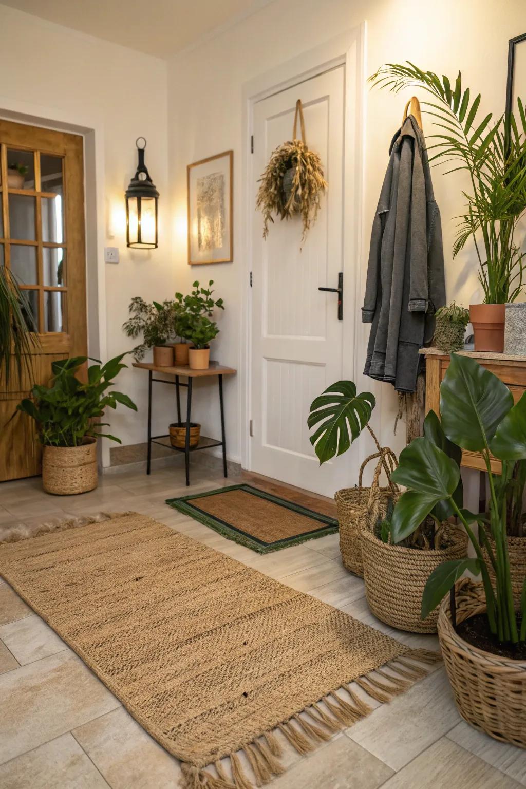 An entryway showcasing a jute rug and greenery, which establishes a cozy and welcoming atmosphere.