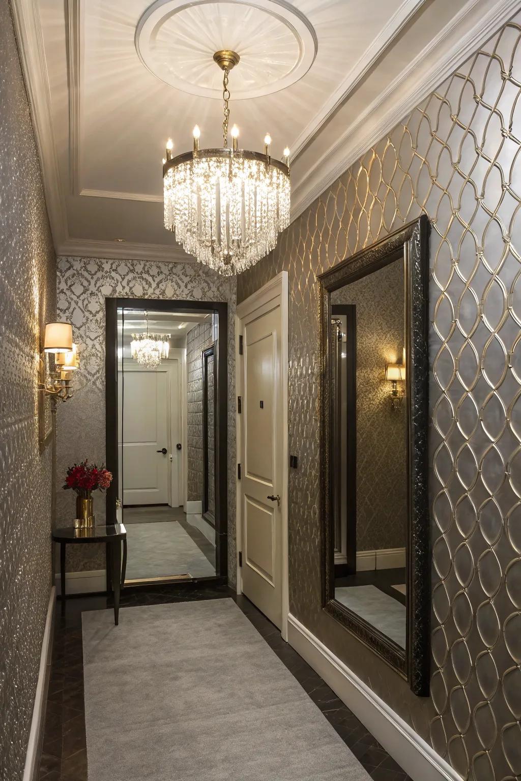 Luxurious entryway with metallic wallpaper for a glamorous look.