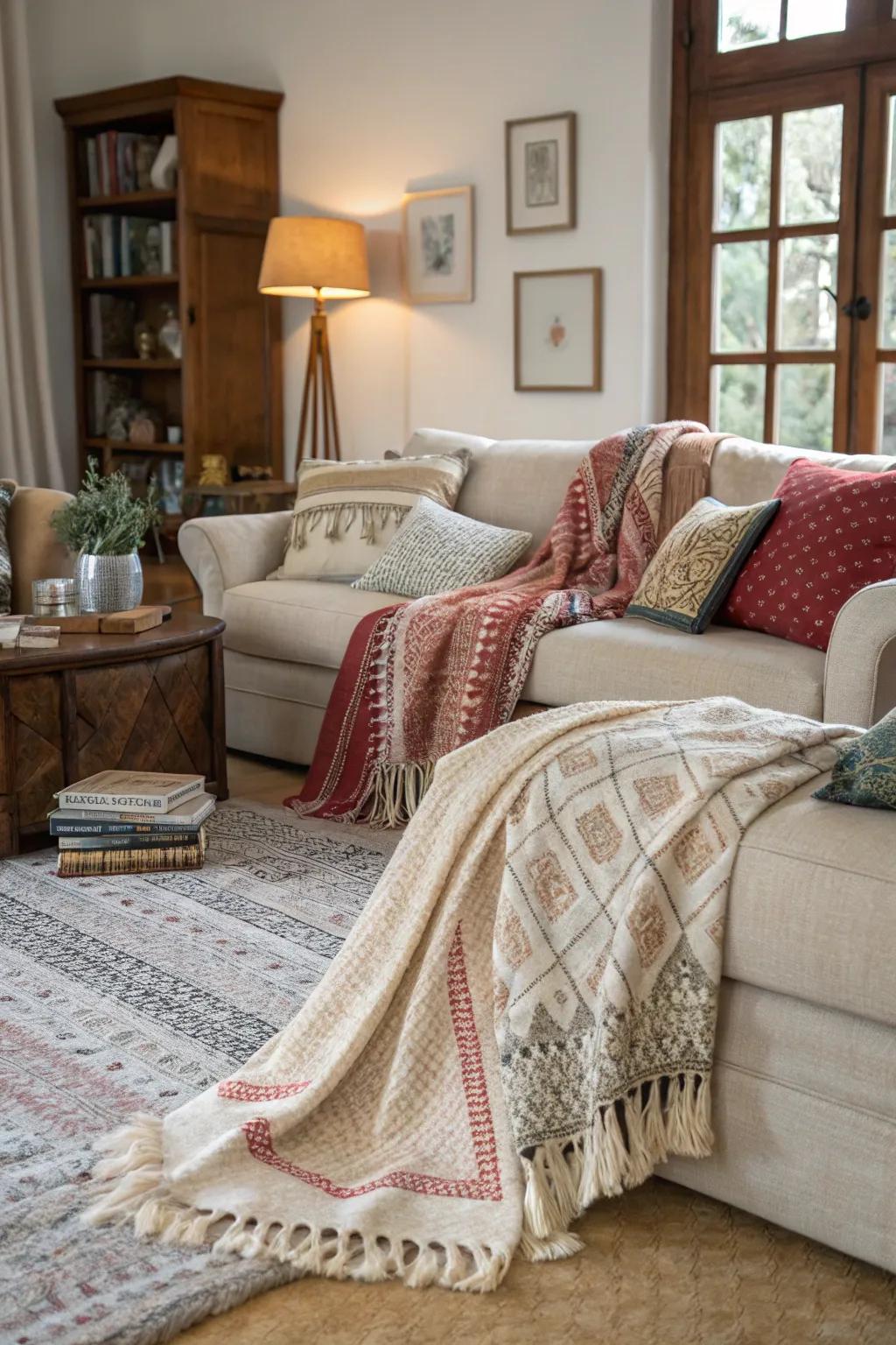 Create warmth with layered textiles.