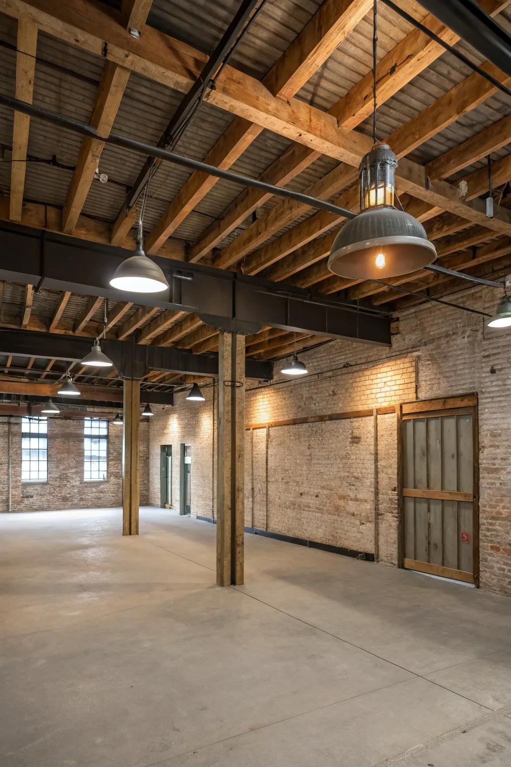 Industrial charm with metal fixtures and wooden beams.