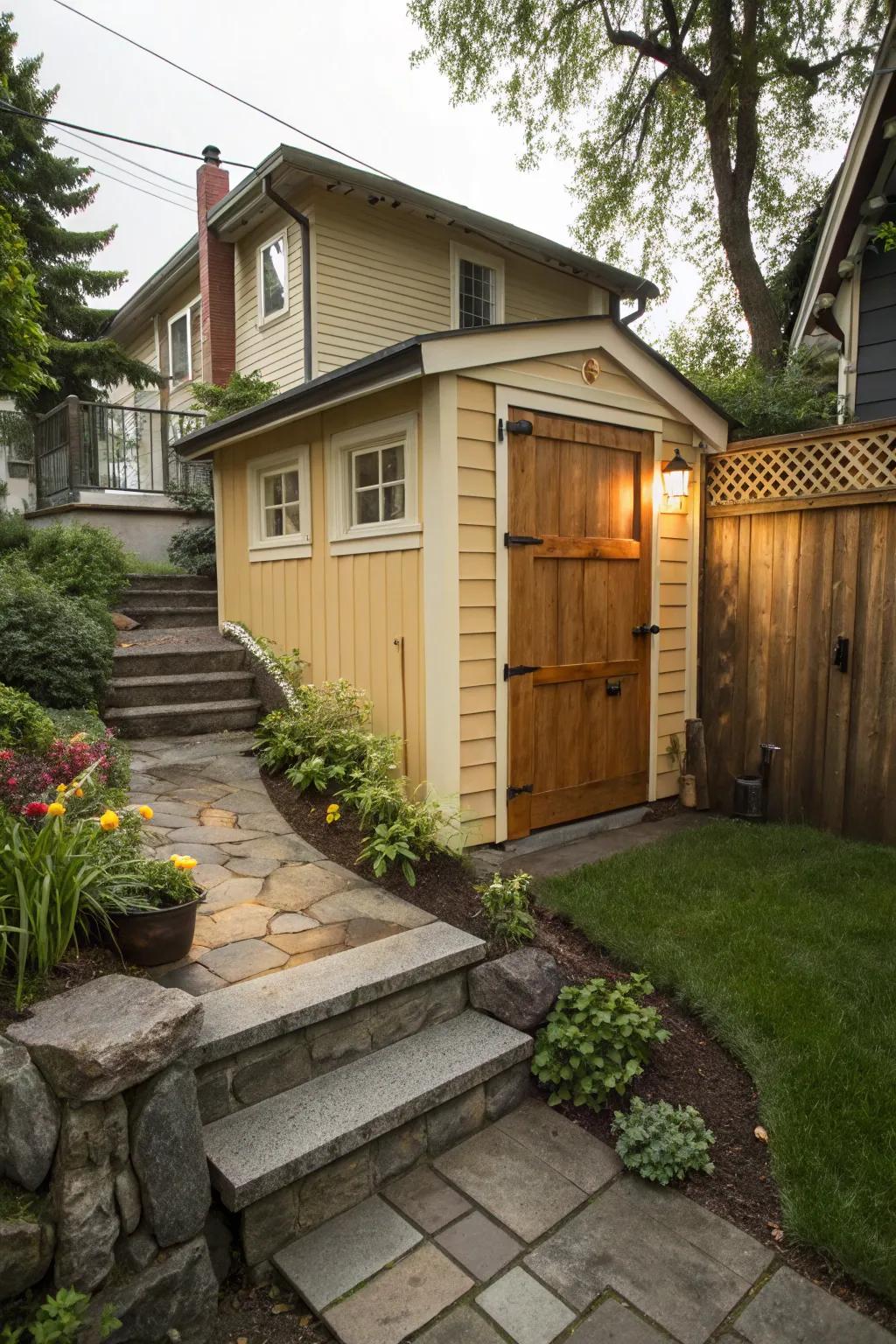 A mini shed adds storage and charm to your entrance.