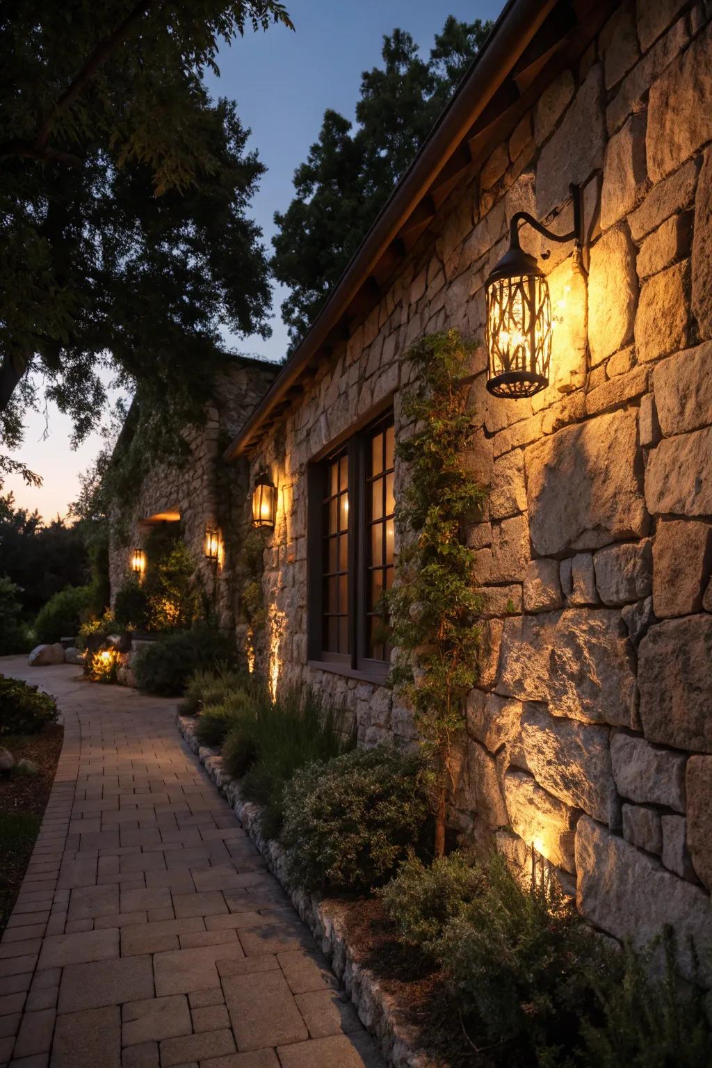 Strategic lighting enhancing the beauty and ambiance of stone walls as night falls.
