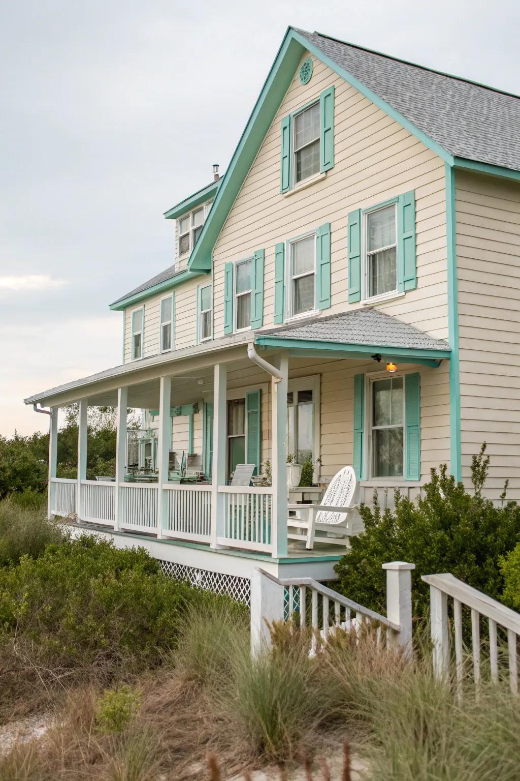 Pastel trims bring a soothing coastal feel to your exterior.