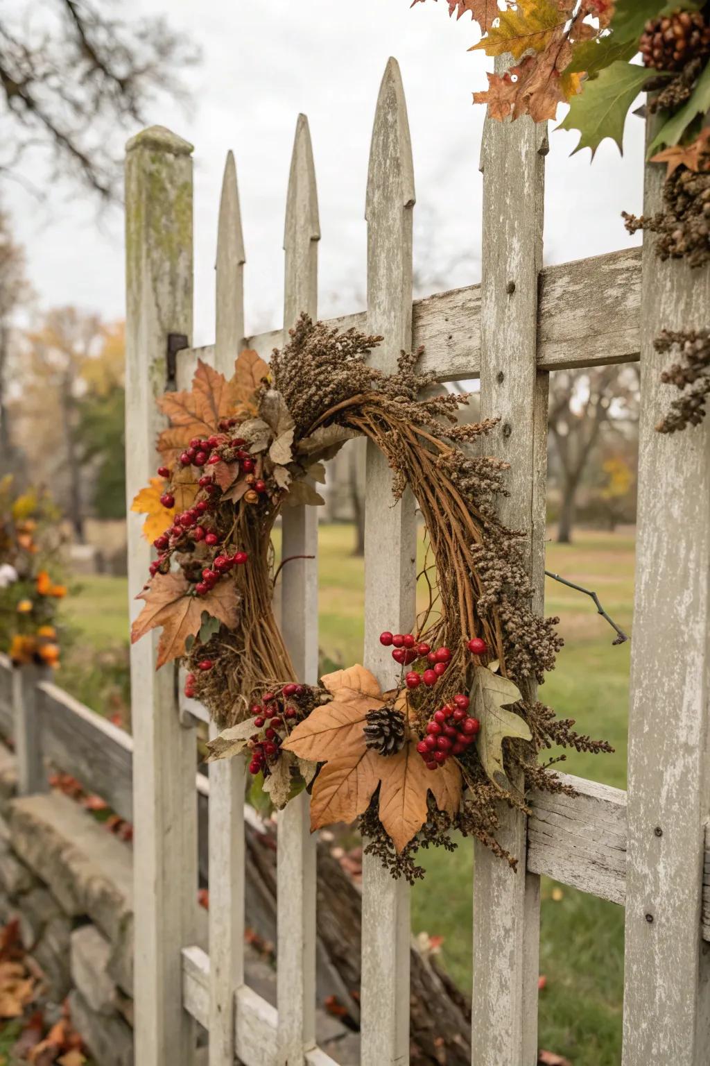 An autumnal cercle of desiccated foliage and berries adorns the fence.