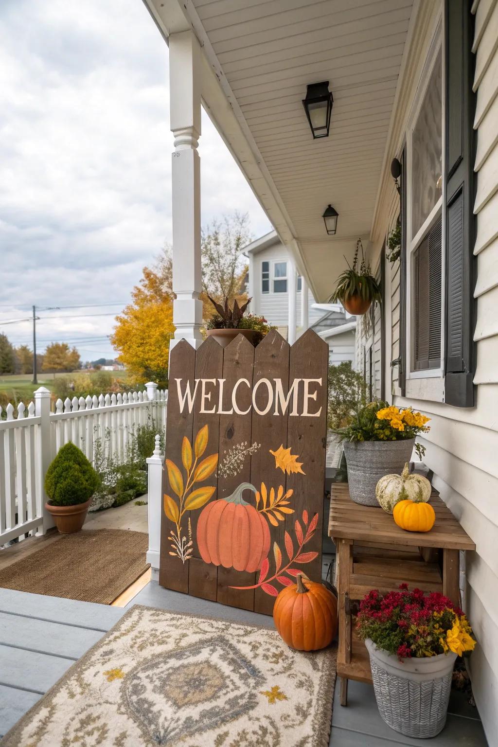 A personalized greeting board infuses a hint of autumnal flair into your veranda.